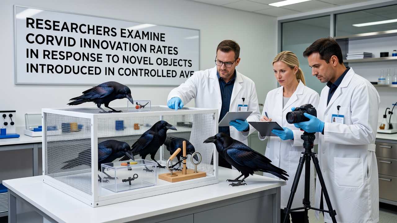 Close-up view of a corvid manipulating a novel puzzle device during an aviary innovation assessment