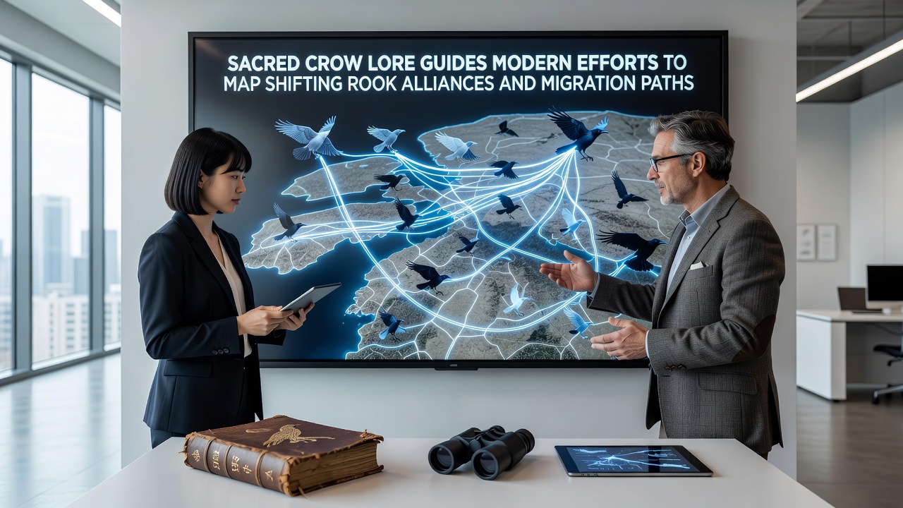 Researchers reviewing rook migration data overlaid with cultural maps